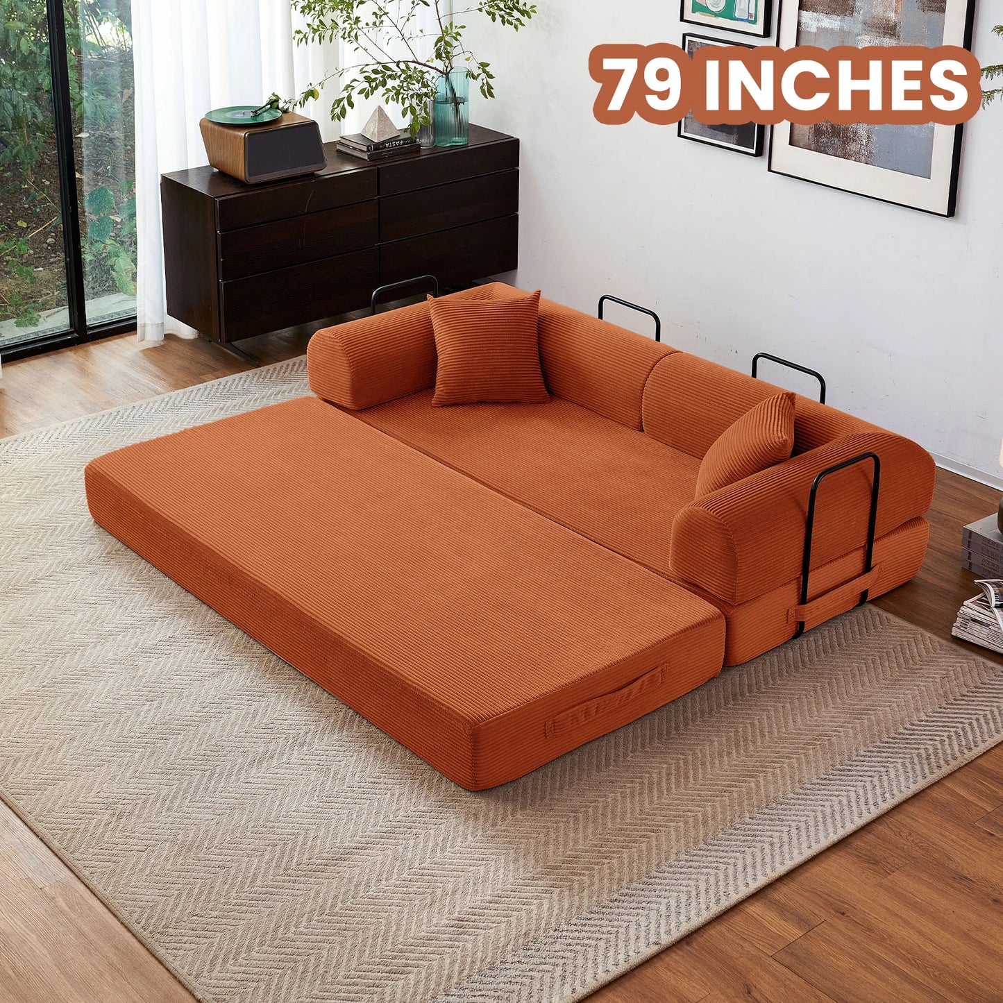 Foldable Convertible Futon Sofa Bed With L Shape Armrests