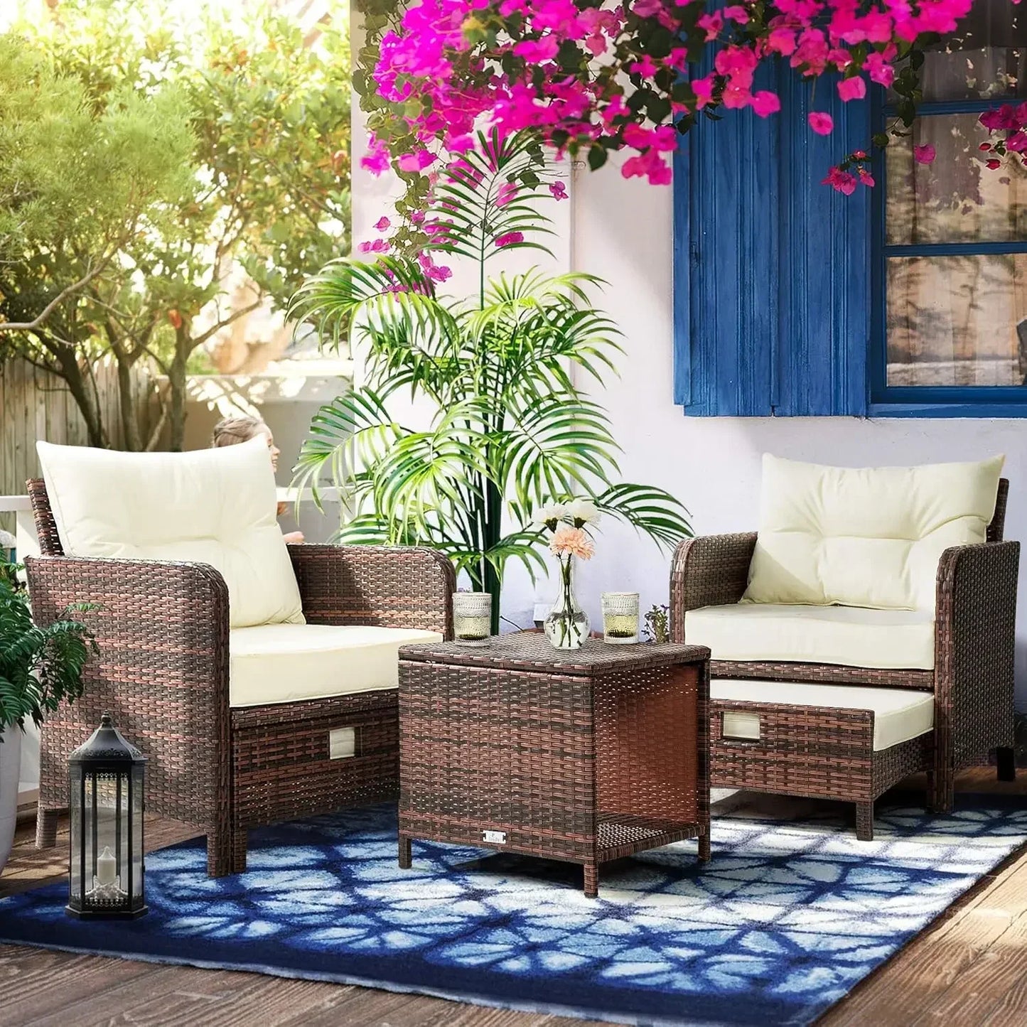 Wicker Patio Conversation Set With Ottomans And Coffee Table