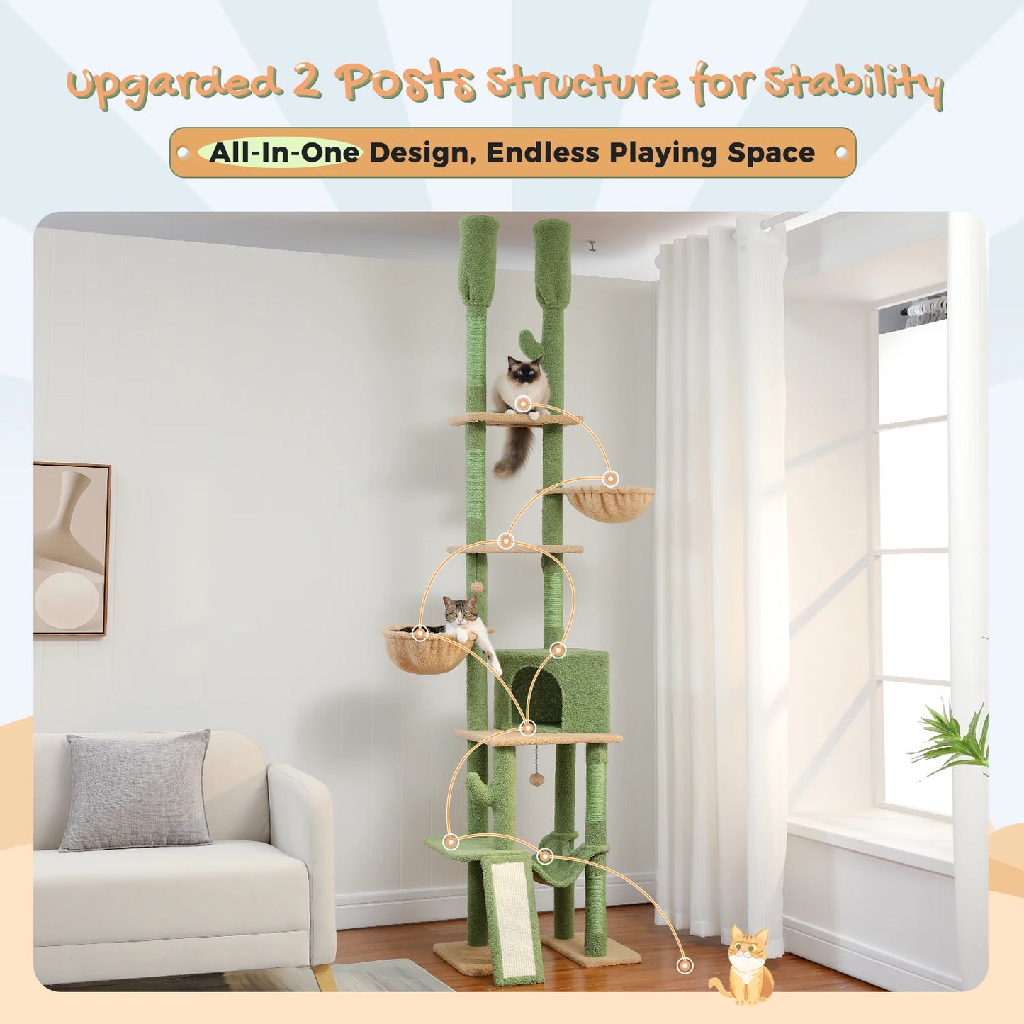 Cactus Cat Tree Tower with Hammocks and Scratching Posts