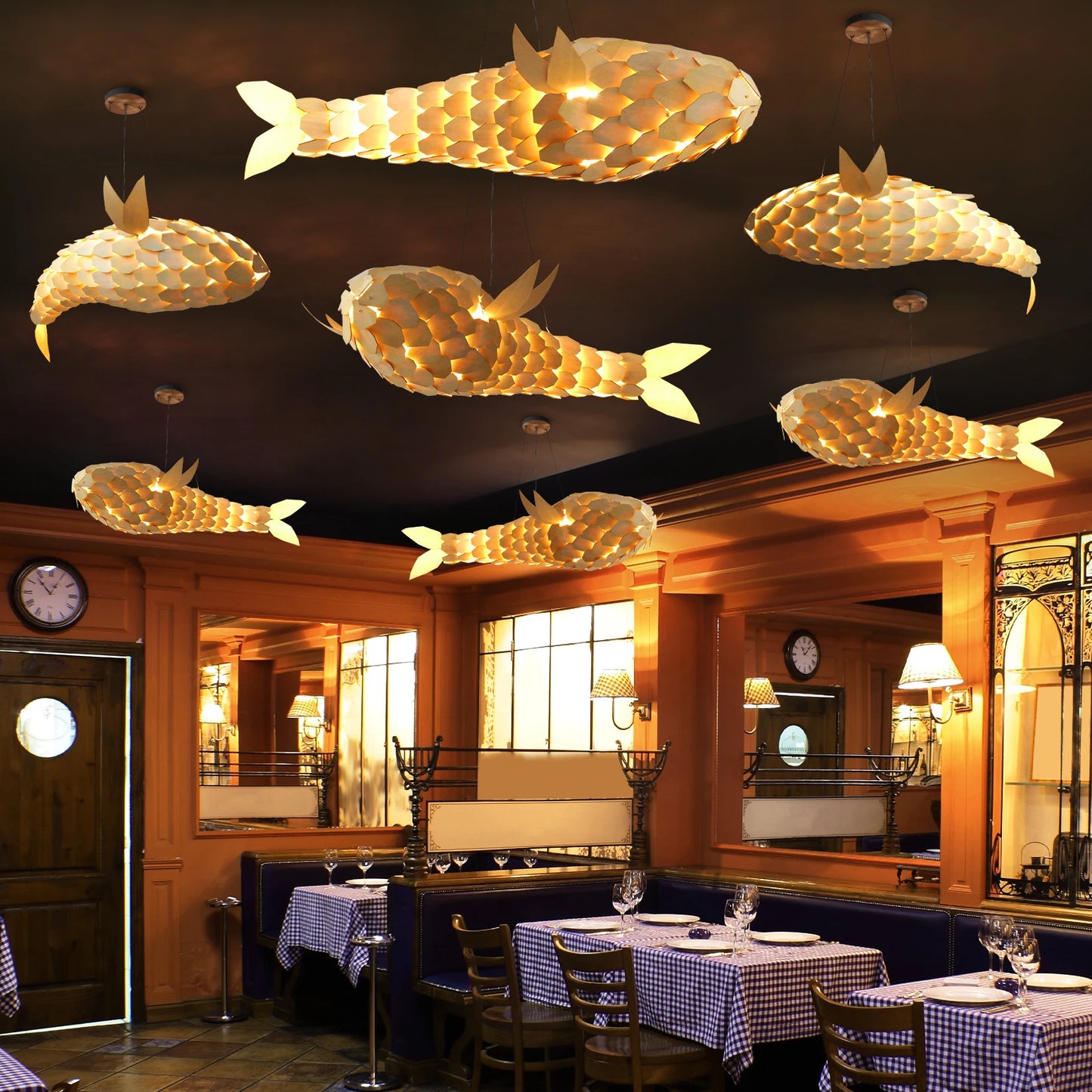 Fish Shape Wood Ceiling Pendant Lamp Handwoven Restaurants