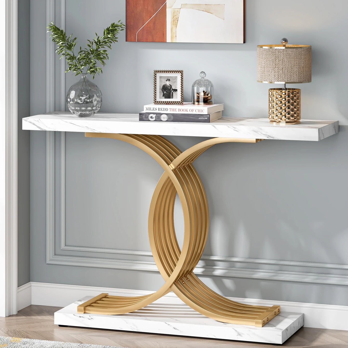 Tribesigns Gold Console Table with Faux Marble Top