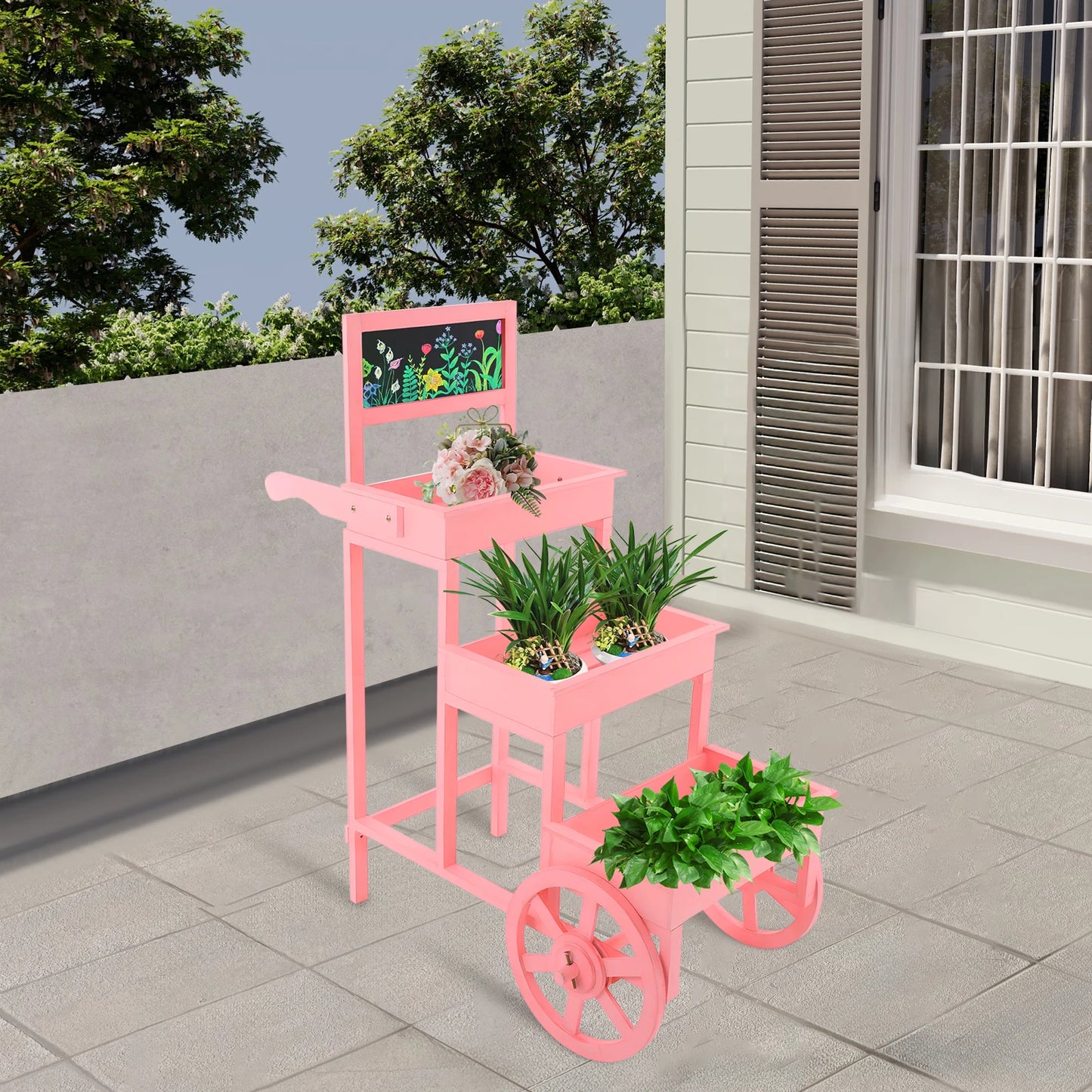 3-Tiered Flower Cart Display Stand With Blackboard Wheels
