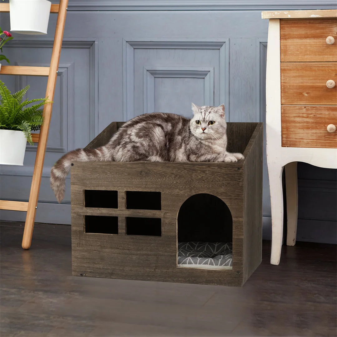 Wooden Cat Cave Bed with Cushion for Indoor Cats