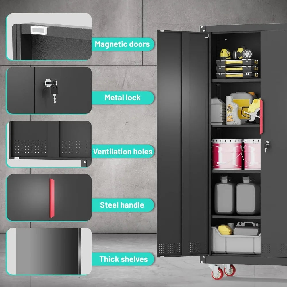 Heavy Duty Metal Garage Cabinet With Wheels And Adjustable Shelves