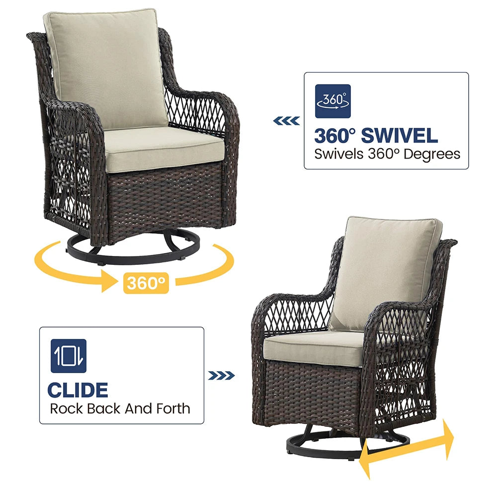 HiMISS 3-Piece Wicker Patio Set Swivel Rocking Chairs Glass Table