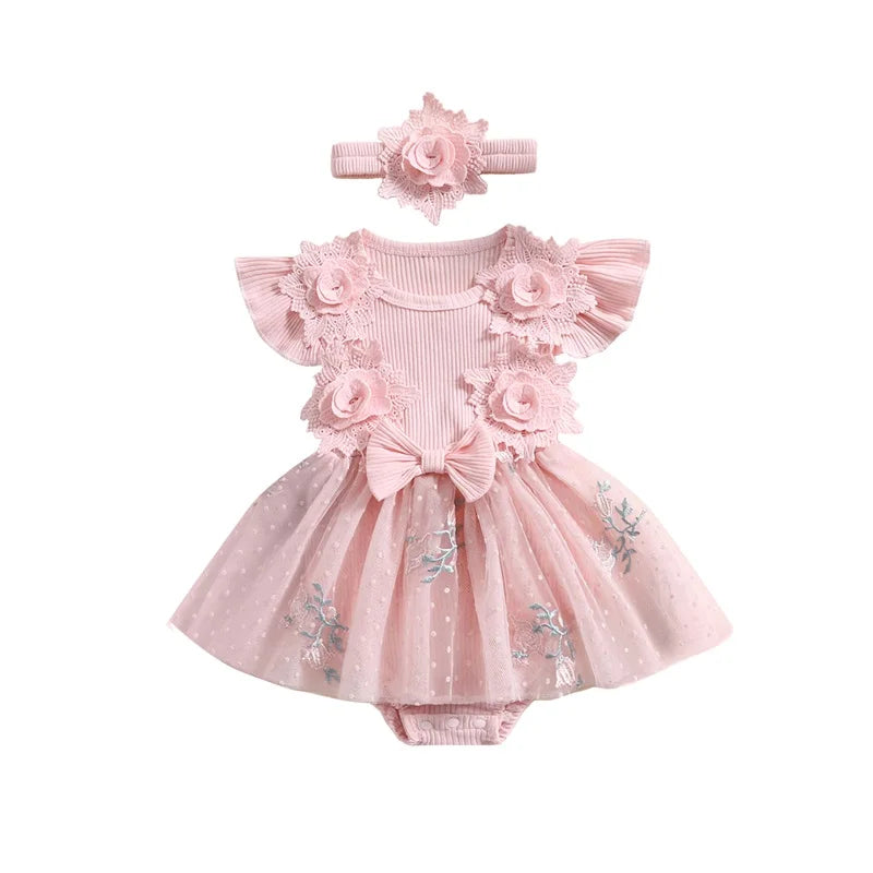 Newborn Baby Girls Sleeveless Romper Dress With Floral Mesh Skirt