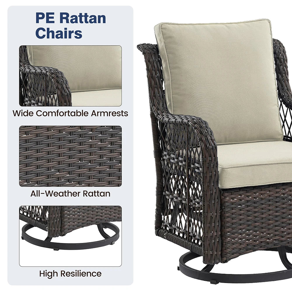 HiMISS 3-Piece Wicker Patio Set Swivel Rocking Chairs Glass Table
