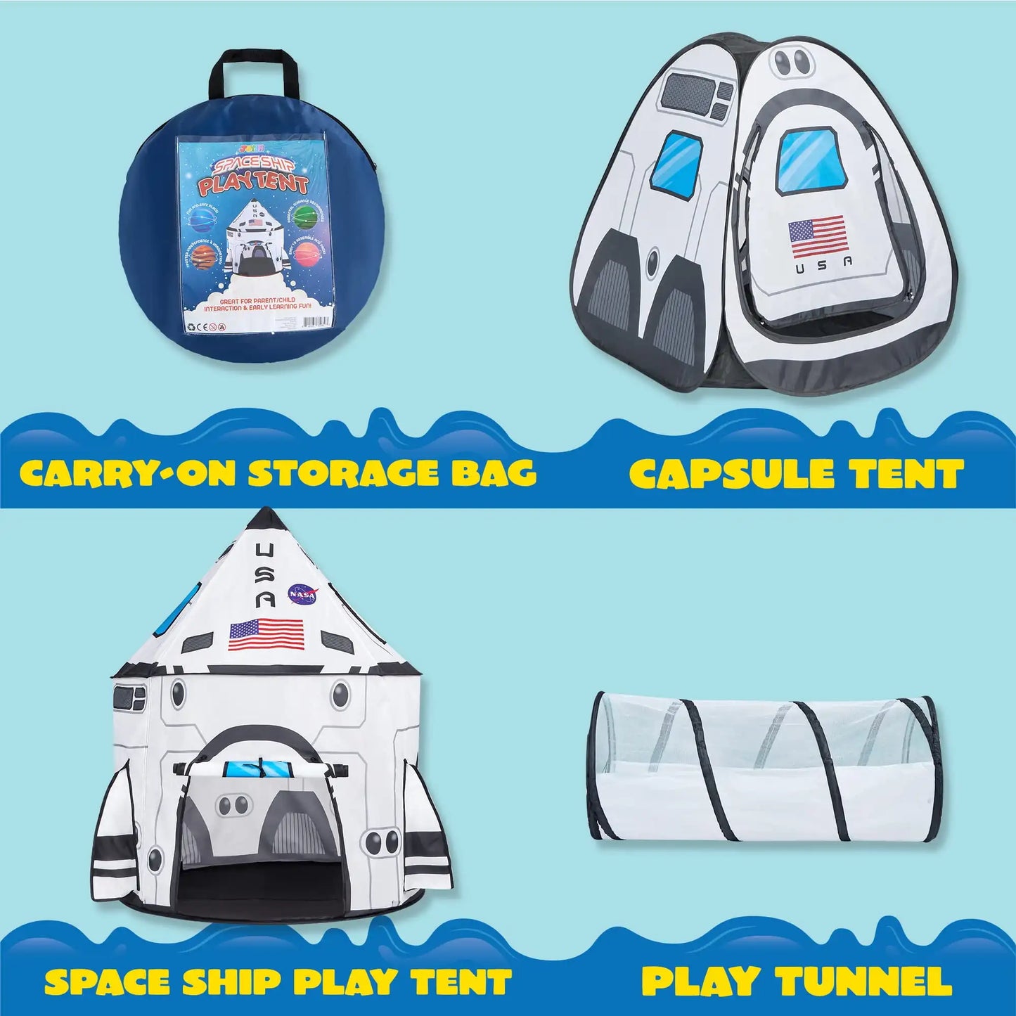 Joyfy Rocket Ship Play Tent Set With Pop Up Tunnel