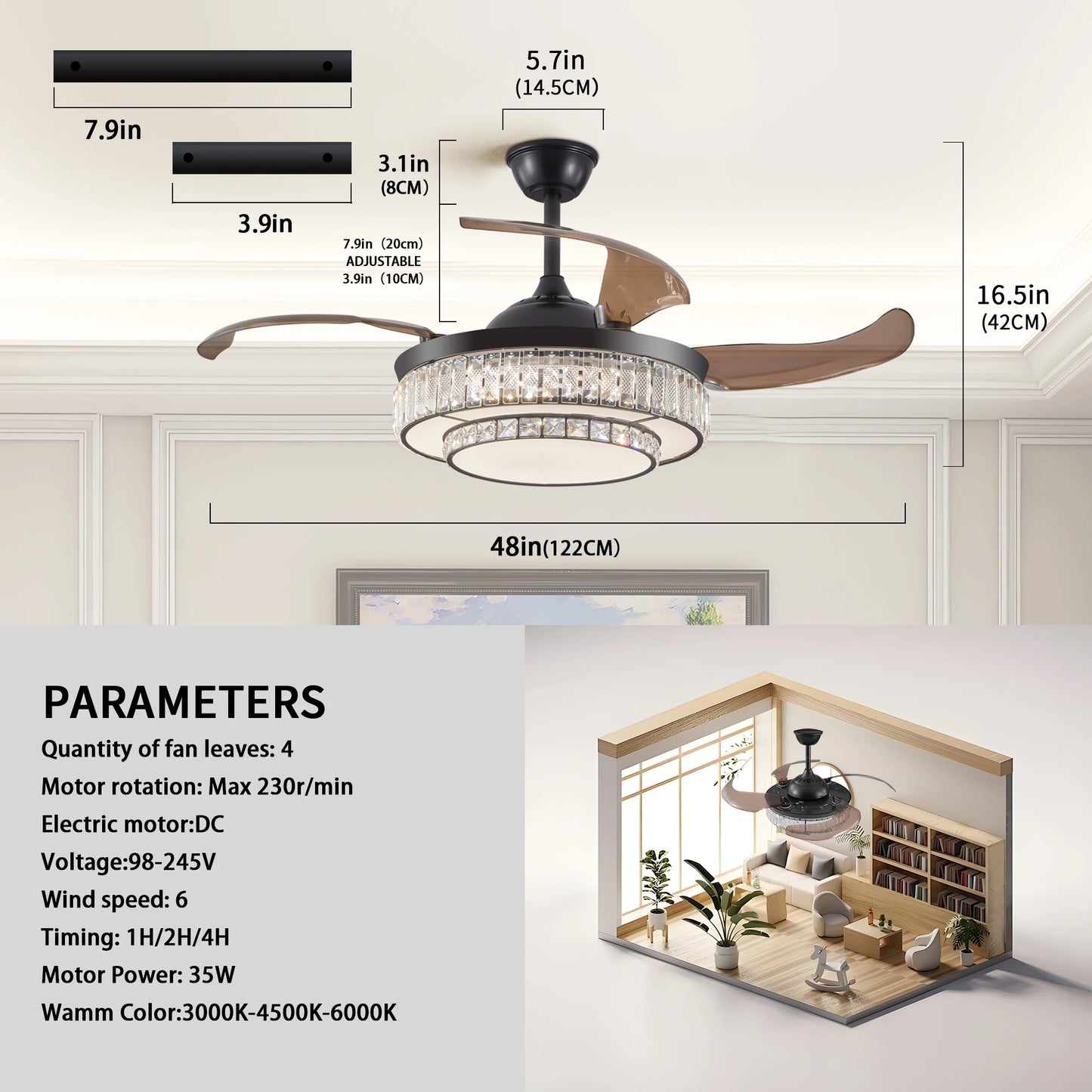 ARLGSITE Crystal LED Ceiling Fan Light With Remote Control Timer