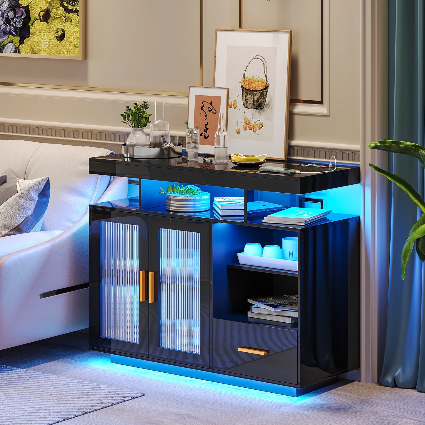 JDPAG LED Sideboard Buffet Cabinet With Storage In Black