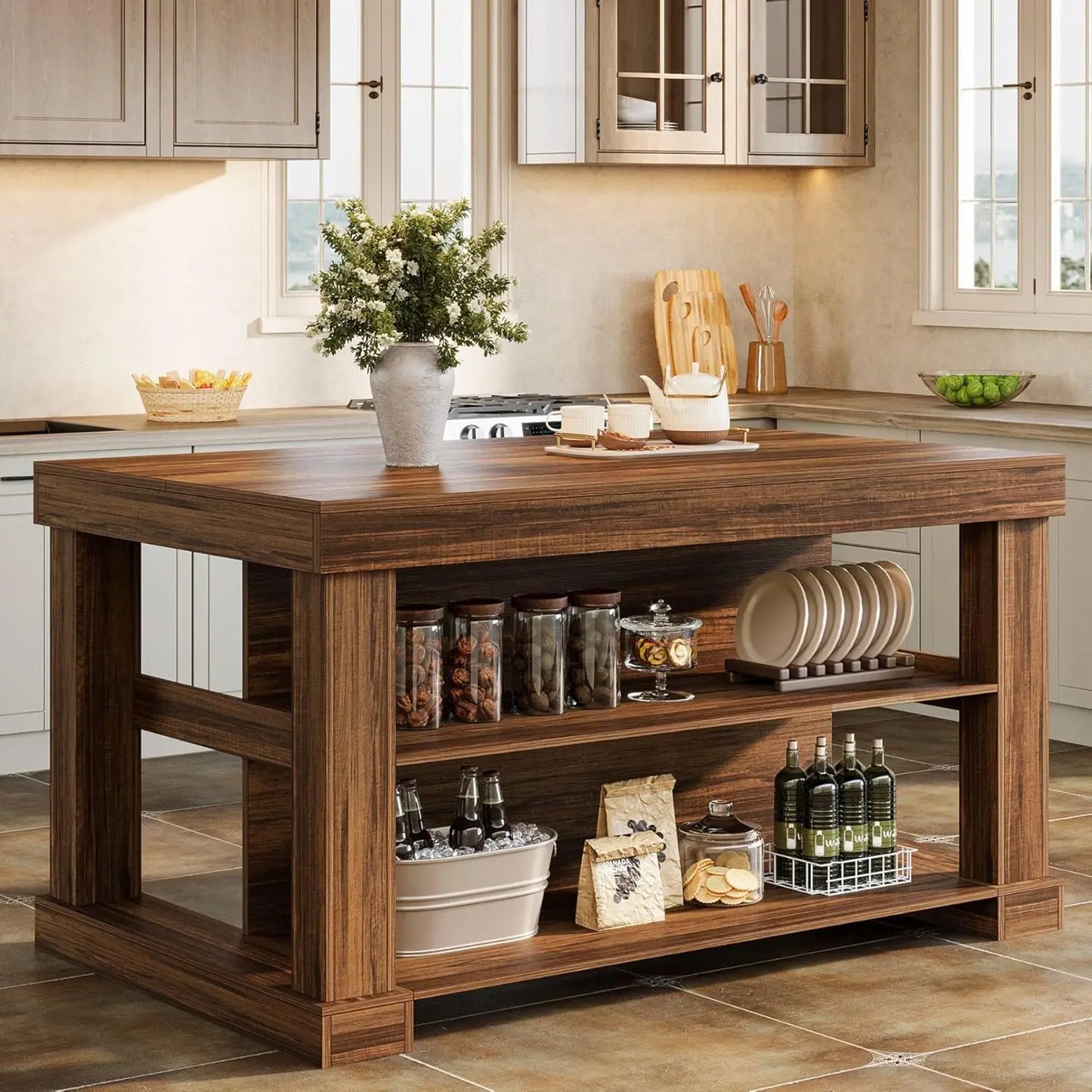 55 Inch Farmhouse Kitchen Island With Storage And Seating