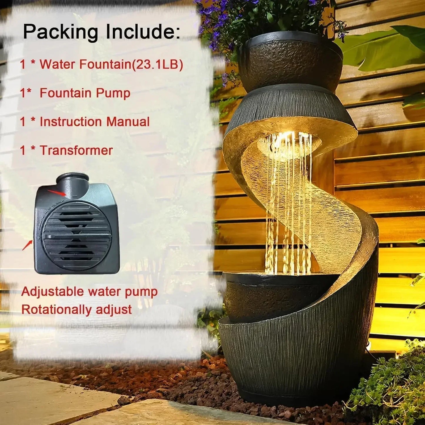 S Shaped Outdoor Water Fountain With LED Lights Planter Bowl