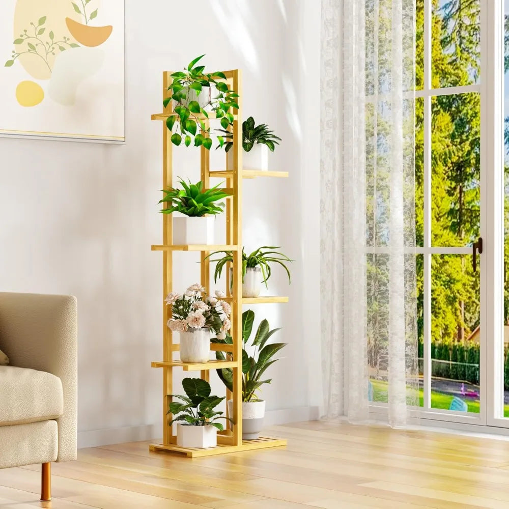 Six Tier Natural Bamboo Plant Stand Tall Corner Shelf