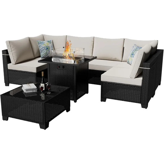8 Piece Outdoor Sectional Rattan Sofa Set With Gas Fire Pit
