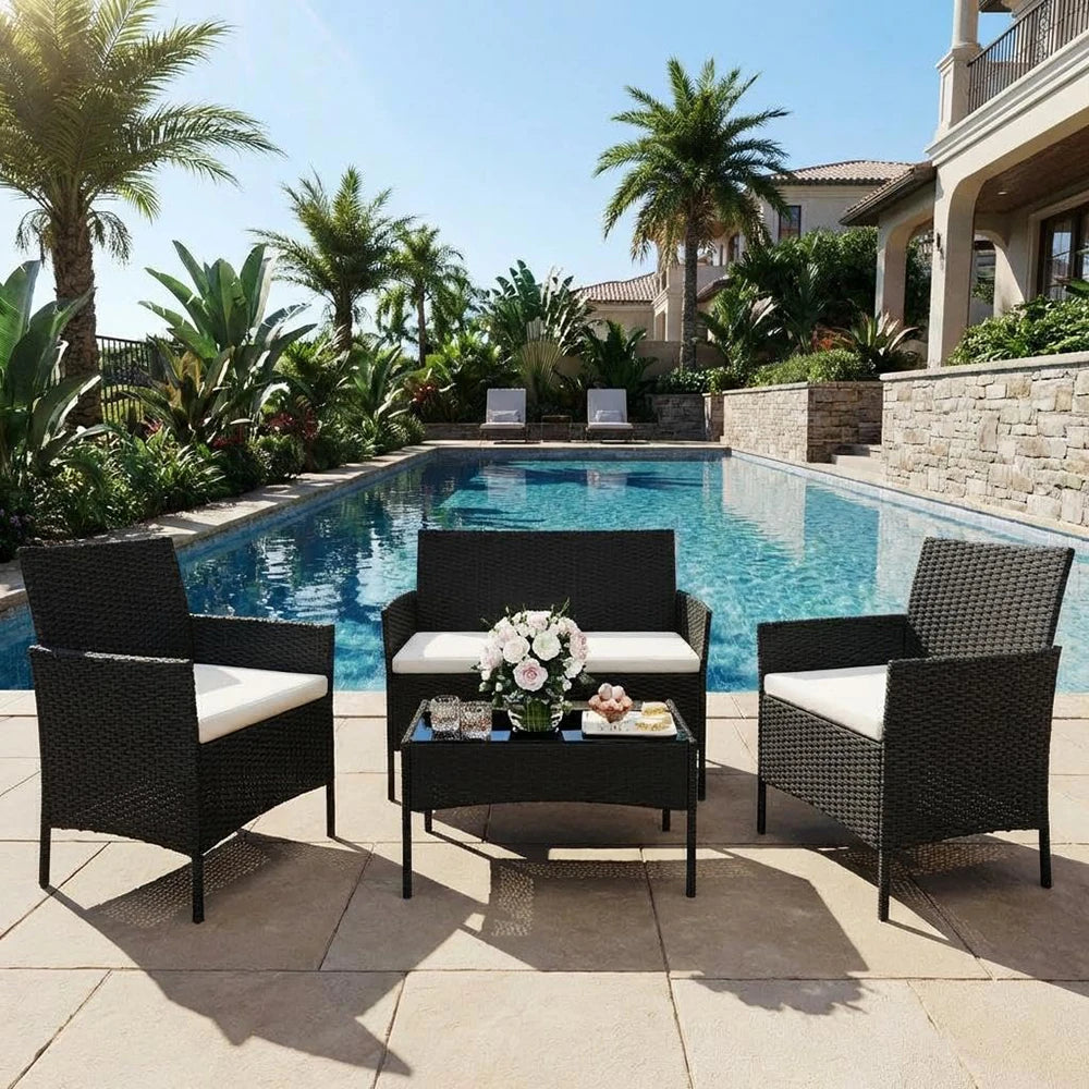 HiMISS 4-Piece PE Rattan Patio Set Outdoor Garden Table Chairs