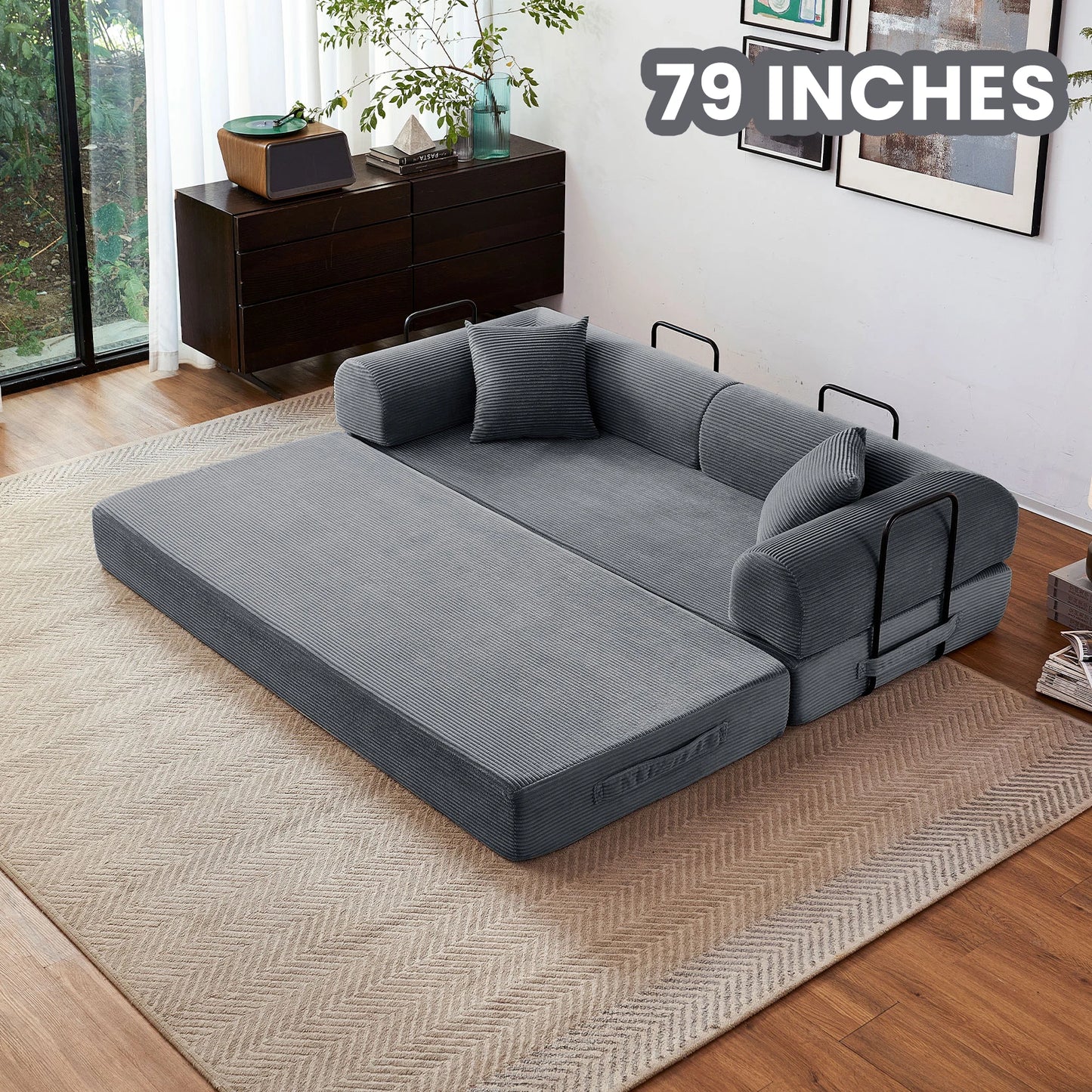 Foldable Convertible Futon Sofa Bed With L Shape Armrests