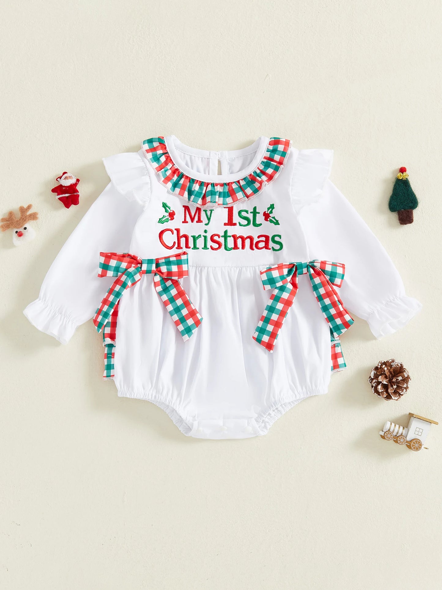 Toddler Christmas Romper Reindeer Print Bow Detail Long Sleeve Jumpsuit