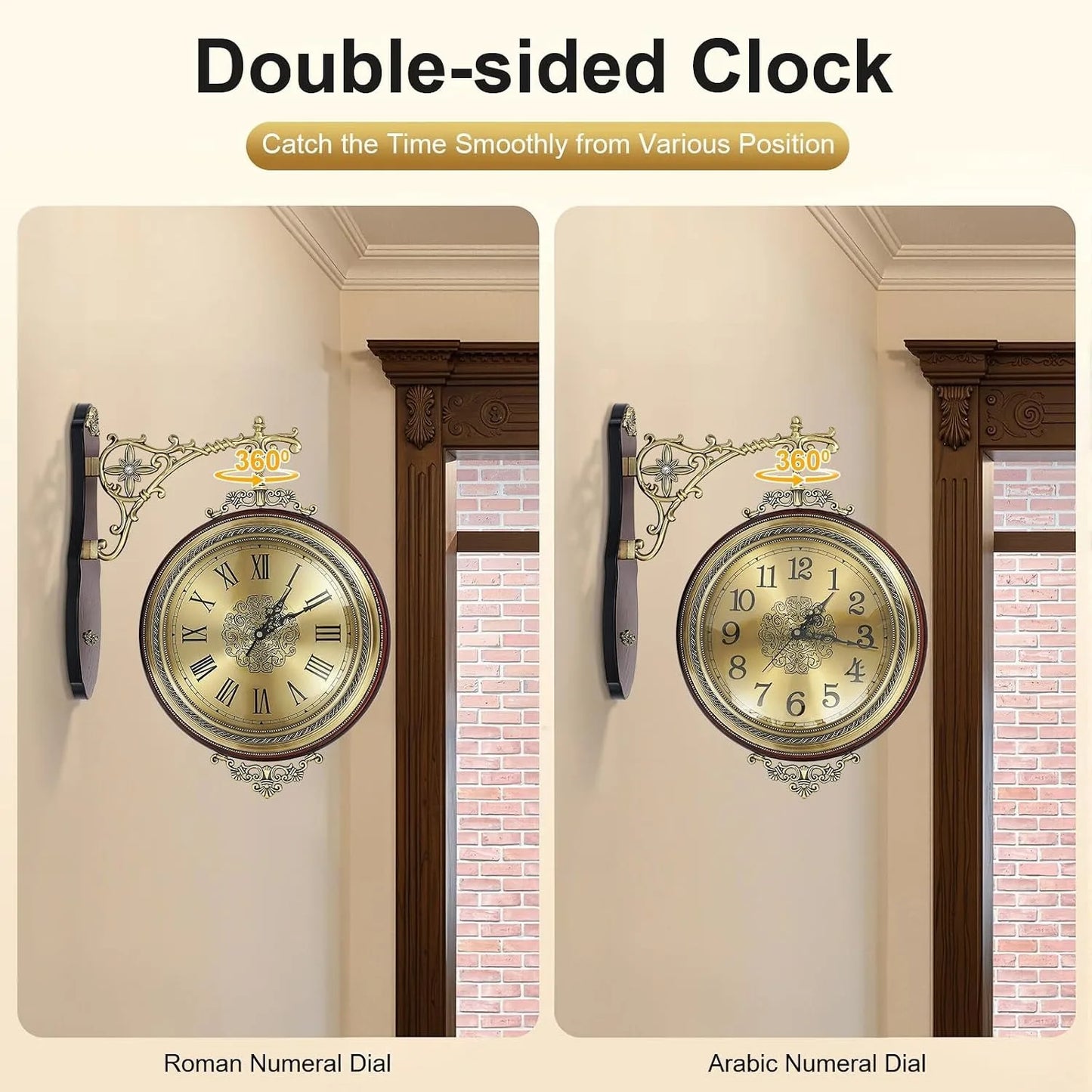 Double Sided Rotating Wall Clock European Alloy Style