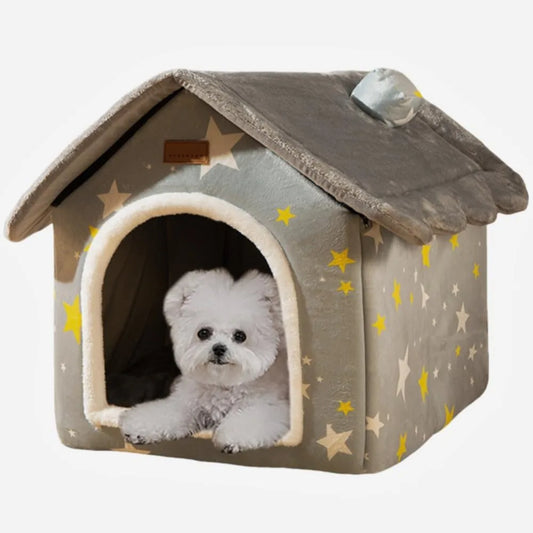 Foldable Dog House Bed With Warm Plush Nest And Cushion