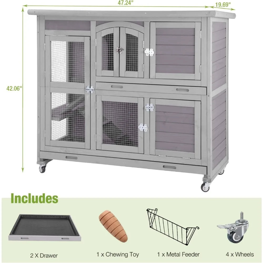 Indoor Outdoor Rabbit Hutch On Wheels With Tray 47 Inch