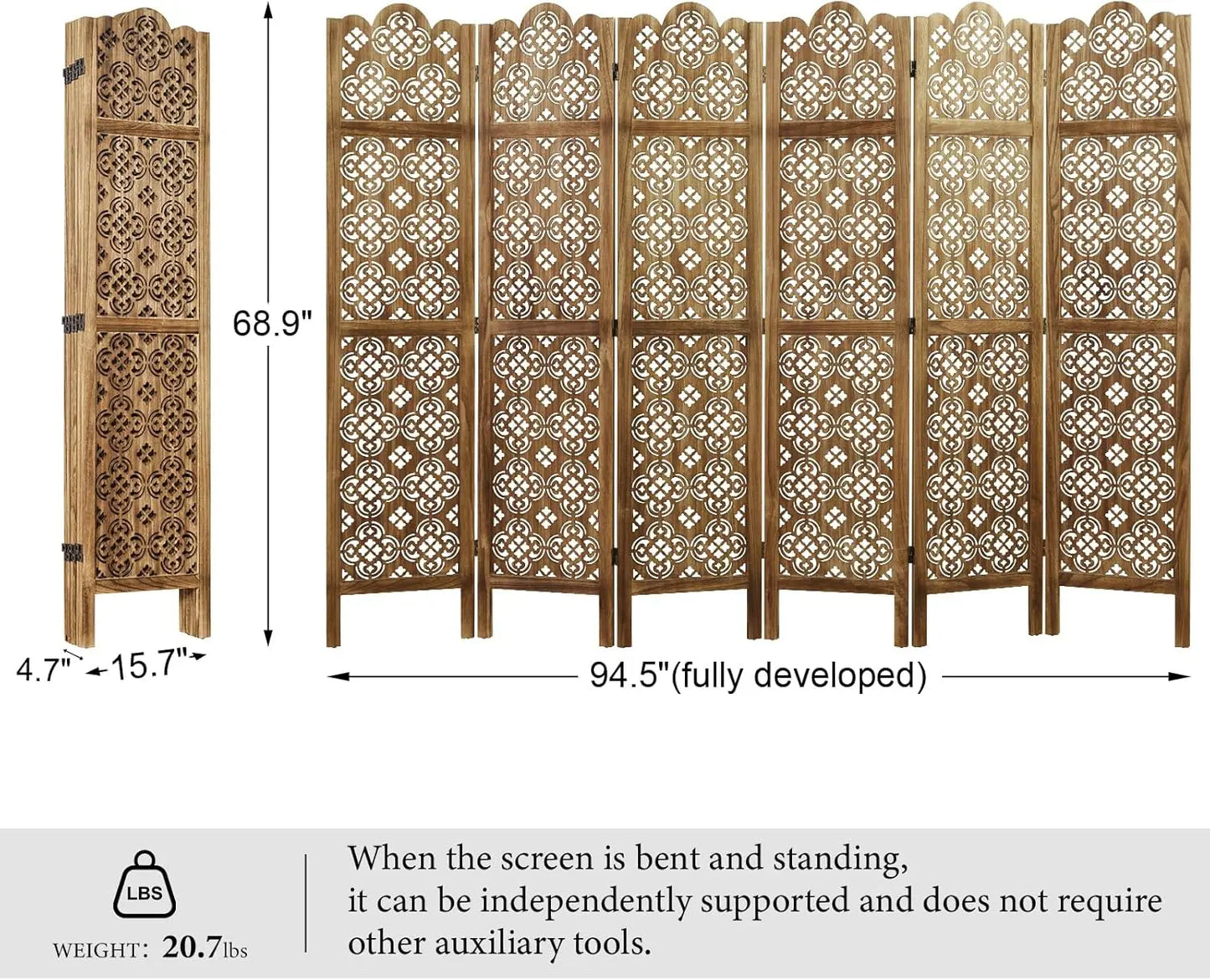 68.9Inch Folding Room Divider 6Panel Carved Privacy Screens