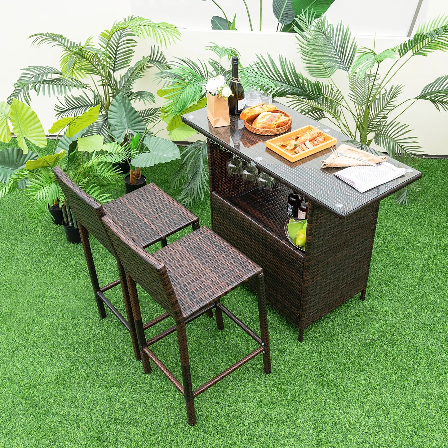 Patio 3 Piece Wicker Bar Set with Stools and Stemware Racks