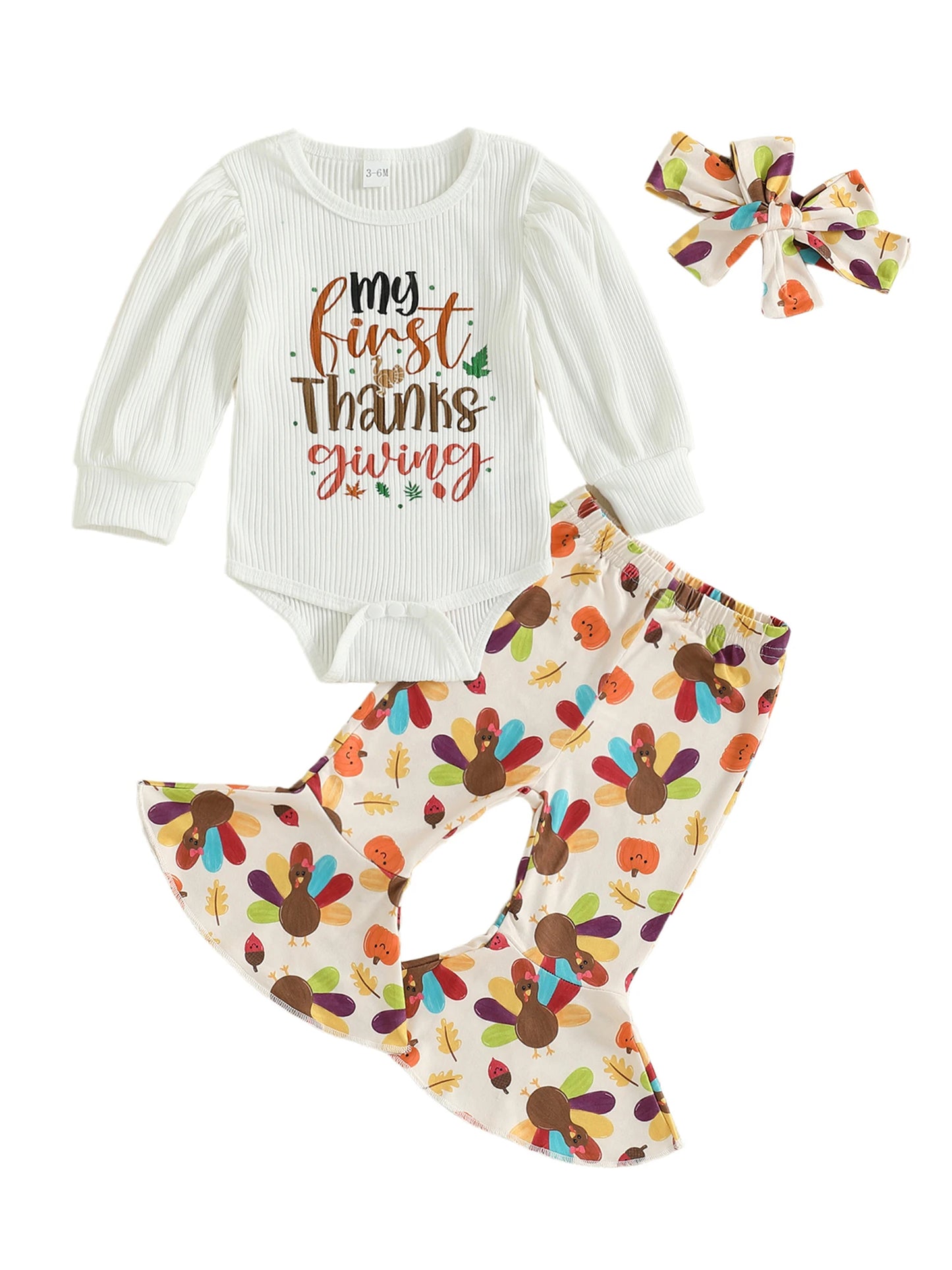 Thanksgiving Baby Girls Outfit Turkey Print Romper Headband