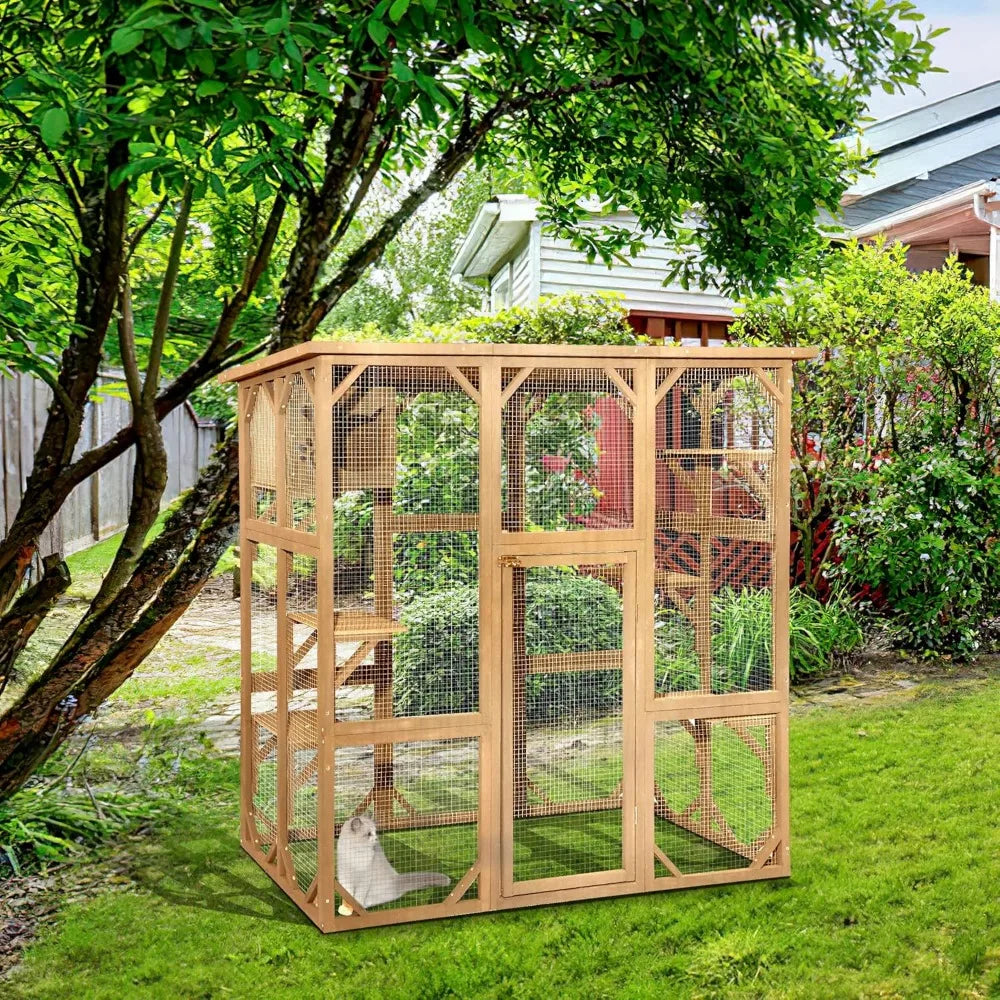 Large Wooden Catio Outdoor Cat Enclosure with 6 Platforms