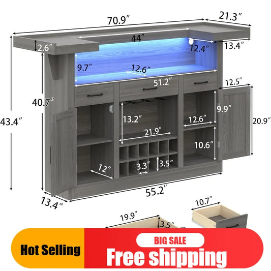 Crescent Bar Cabinet With LED Lighting And Stemware Holders