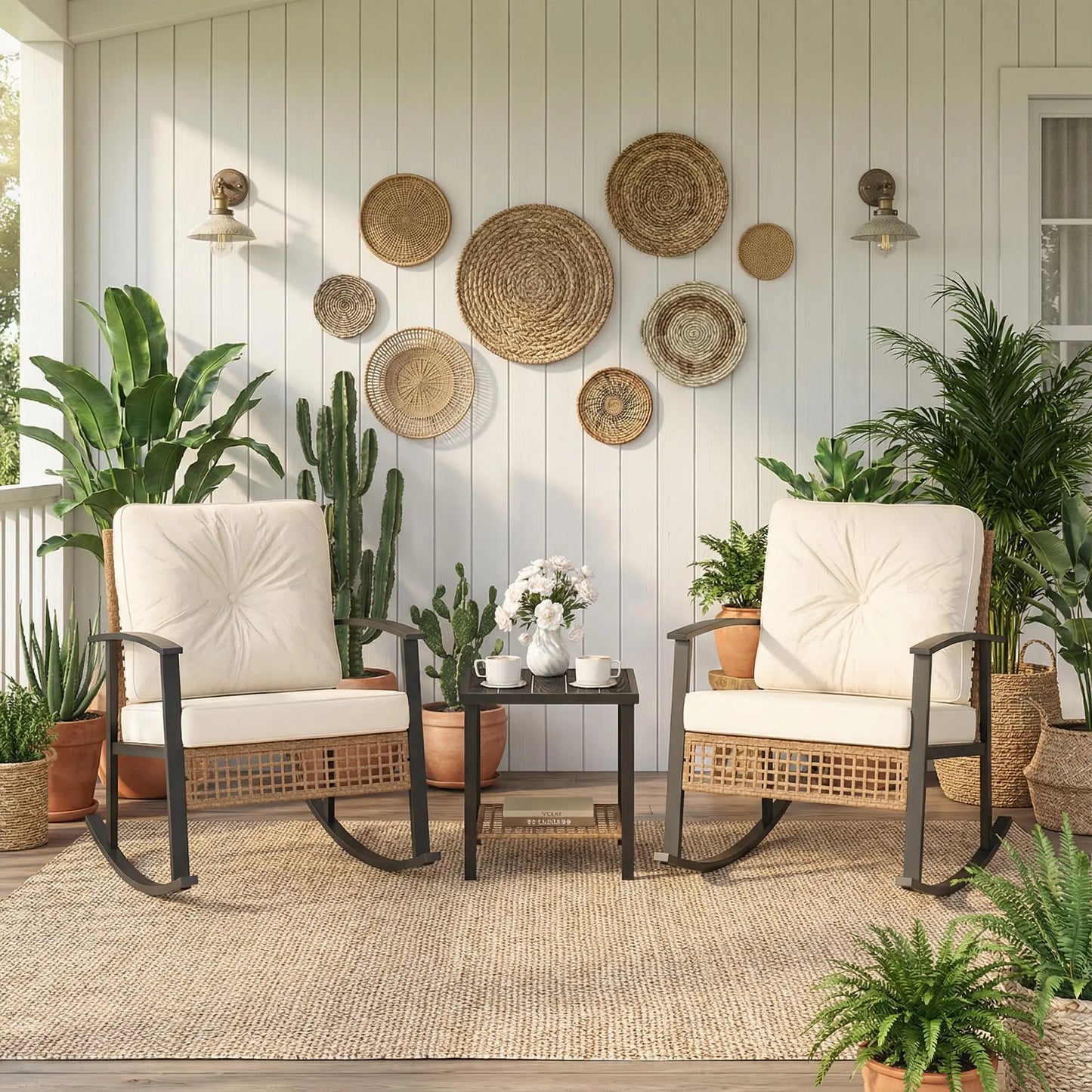 Three Piece Rocking Bistro Rattan Chairs With Cushions And Table