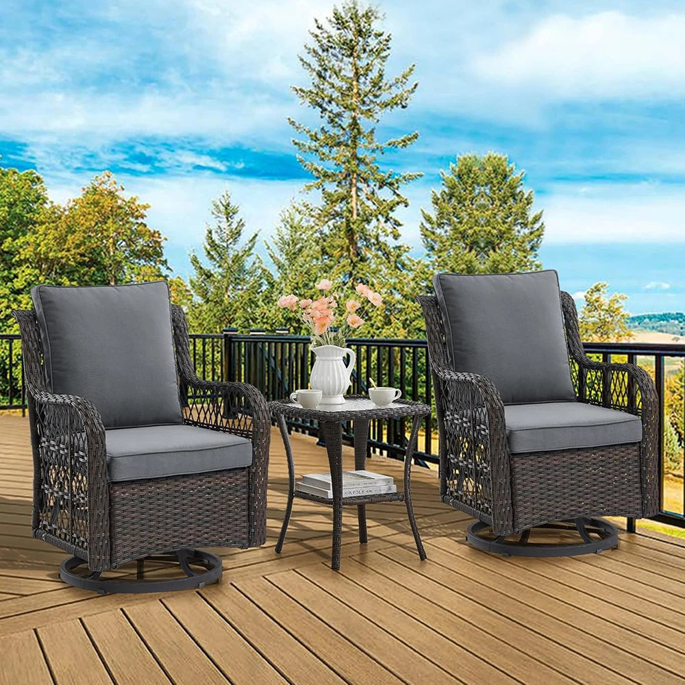 HiMISS 3-Piece Wicker Patio Set Swivel Rocking Chairs Glass Table