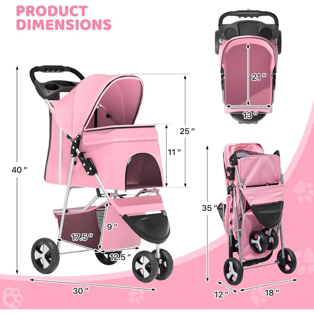 3-Wheel Foldable Pet Stroller For Small And Medium Dogs Cats