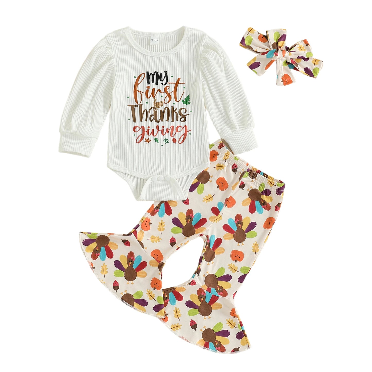 Thanksgiving Baby Girls Outfit Turkey Print Romper Headband