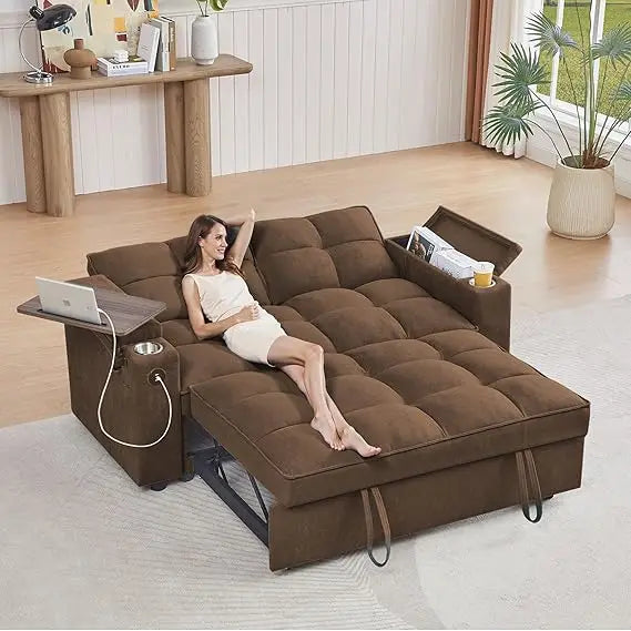 65 Inch Convertible Sleeper Sofa Bed with Chaise and USB Ports