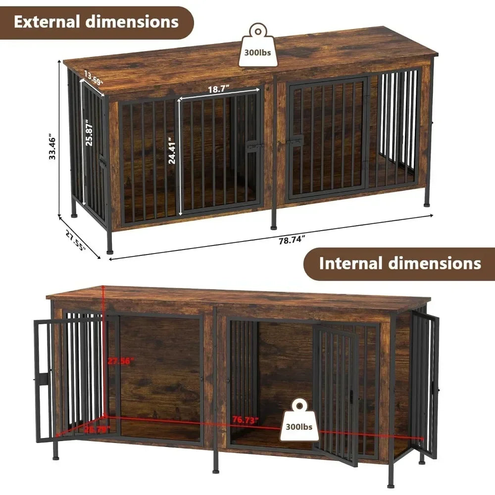 Extra Large Double Dog Crate Furniture for Two Dogs 78 Inch