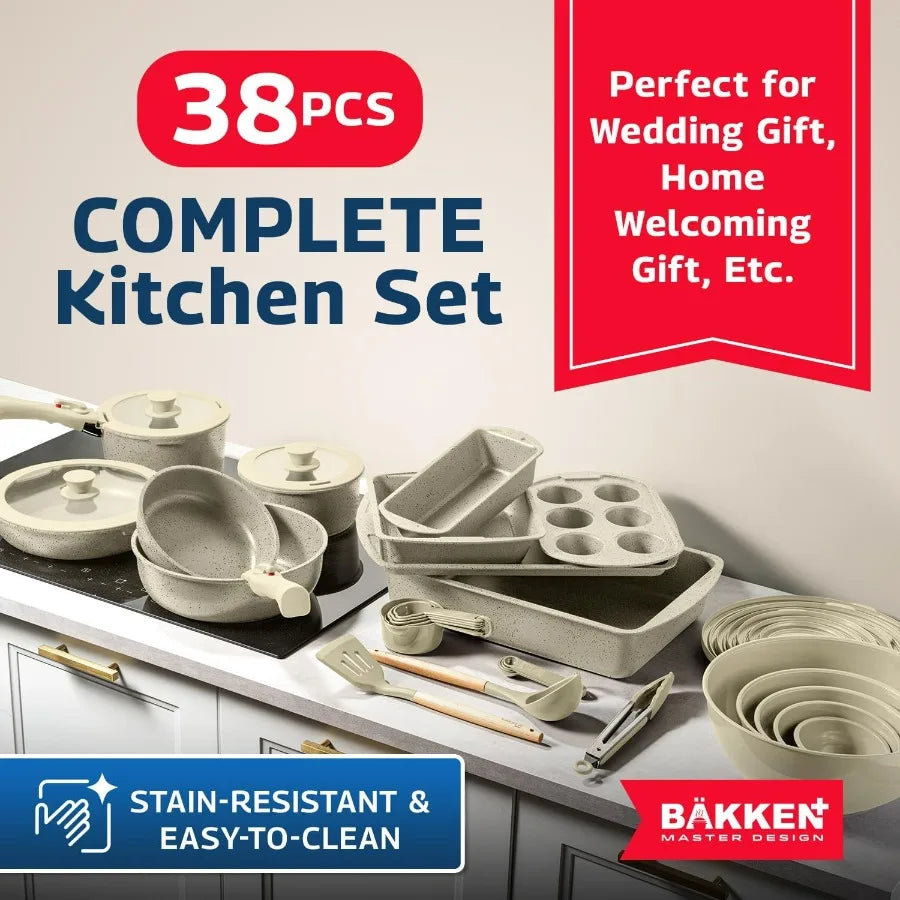Bakken Master 38 Piece Granite Cookware Bakeware Set Pots And Pans With Nonstick Granite Coating And Detachable Handles
