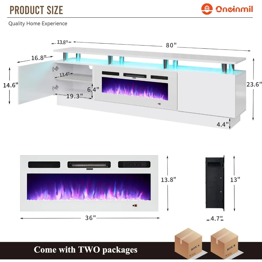 80 Inch Modern Electric Fireplace TV Stand With LED Lights