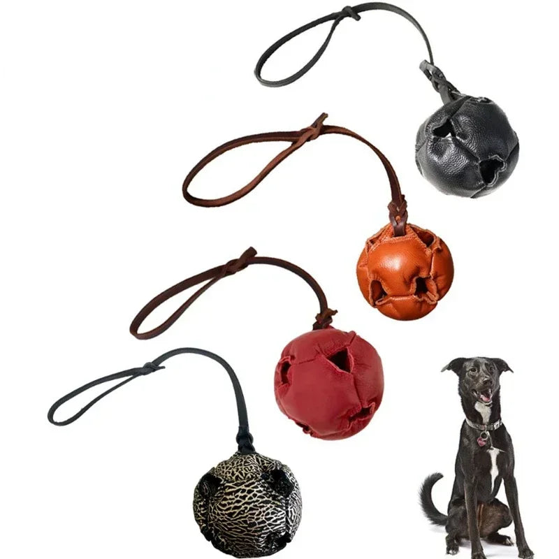 Leather Dog Training Ball Toy With Handle Tug Bite Fetch