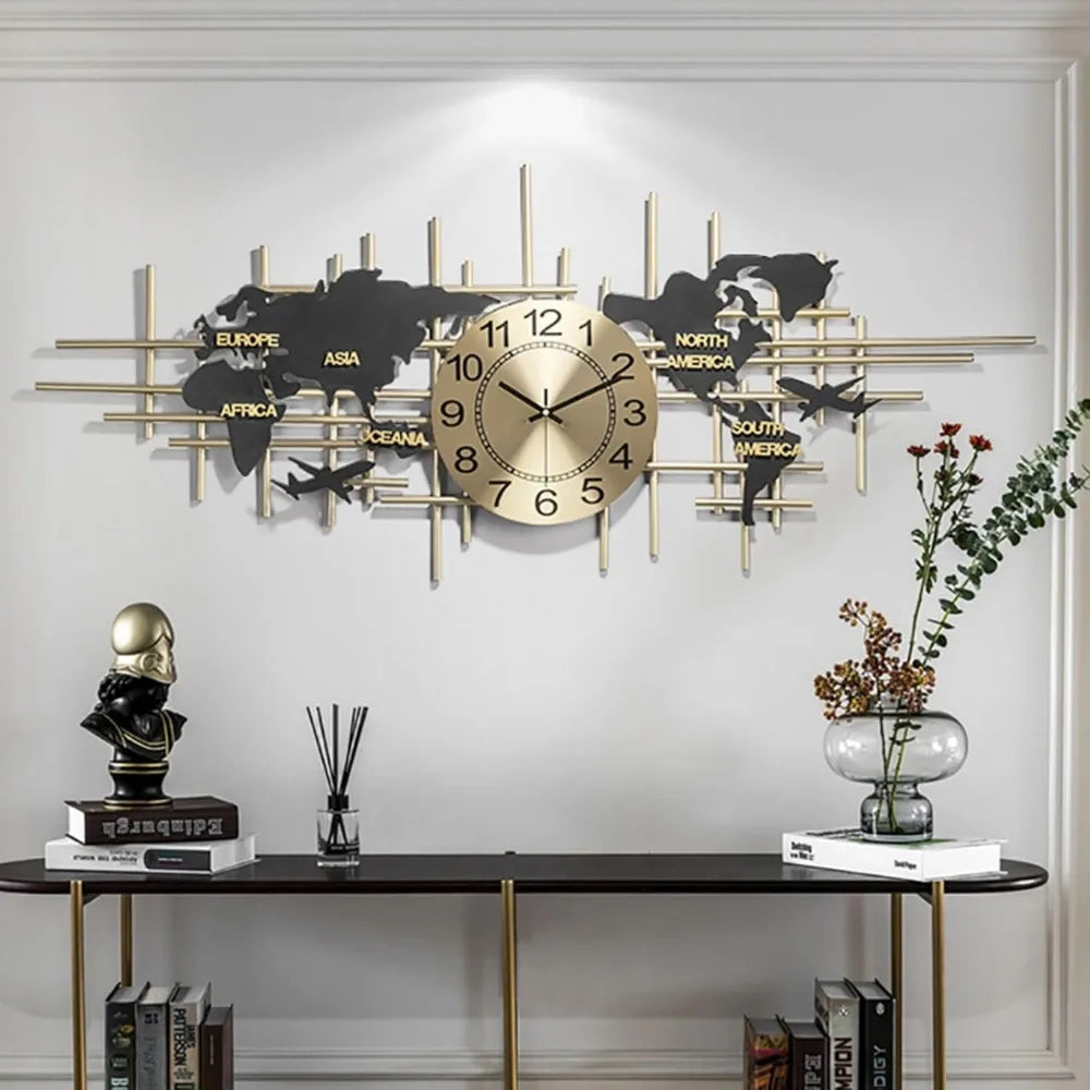 Modern 3D World Map Wall Clock in Bronze Gold