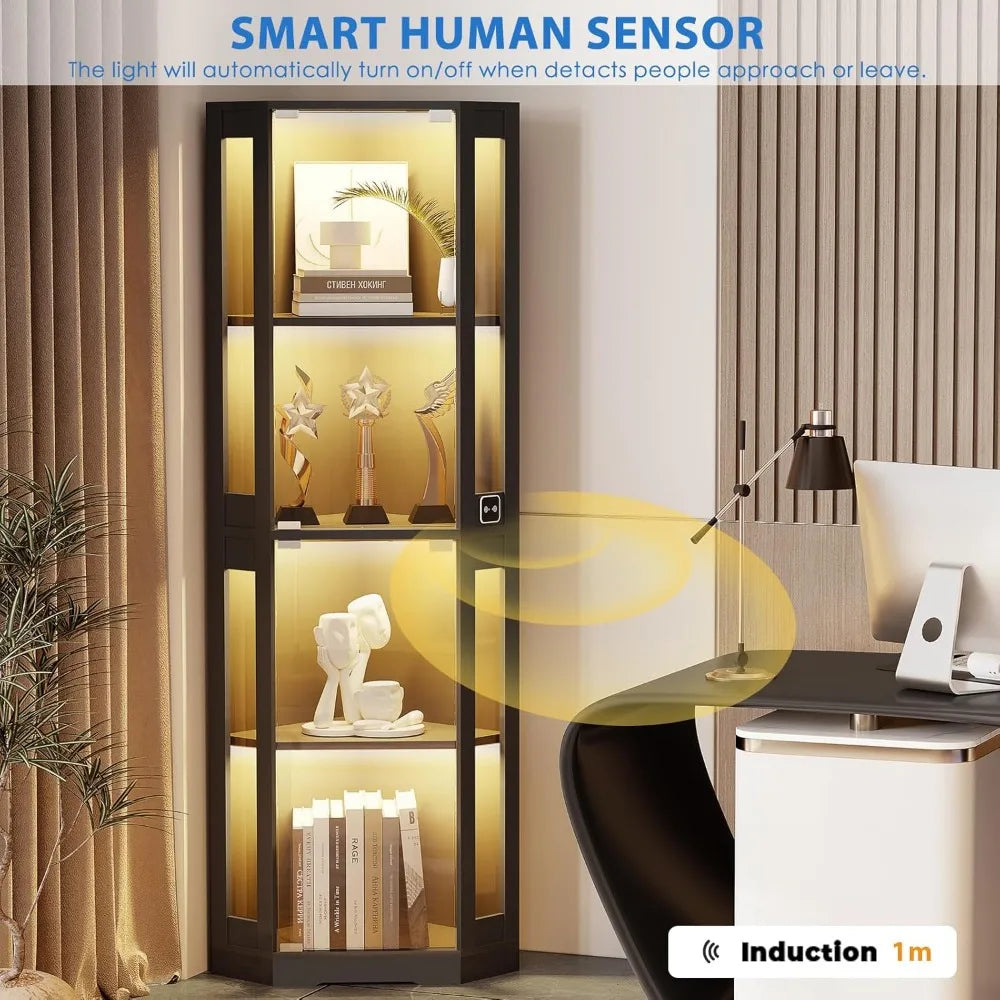 65 Inch Corner Glass Display Cabinet With LED Lights 4 Tier