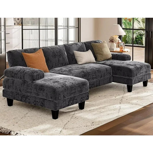Grey U Shaped Sectional Sofa 111 Inch Modular Double Chaise