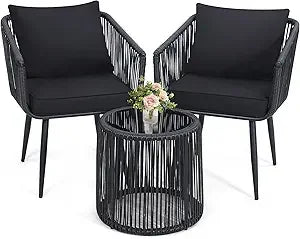 Boho 3 Piece Wicker Bistro Set with Washable Cushions