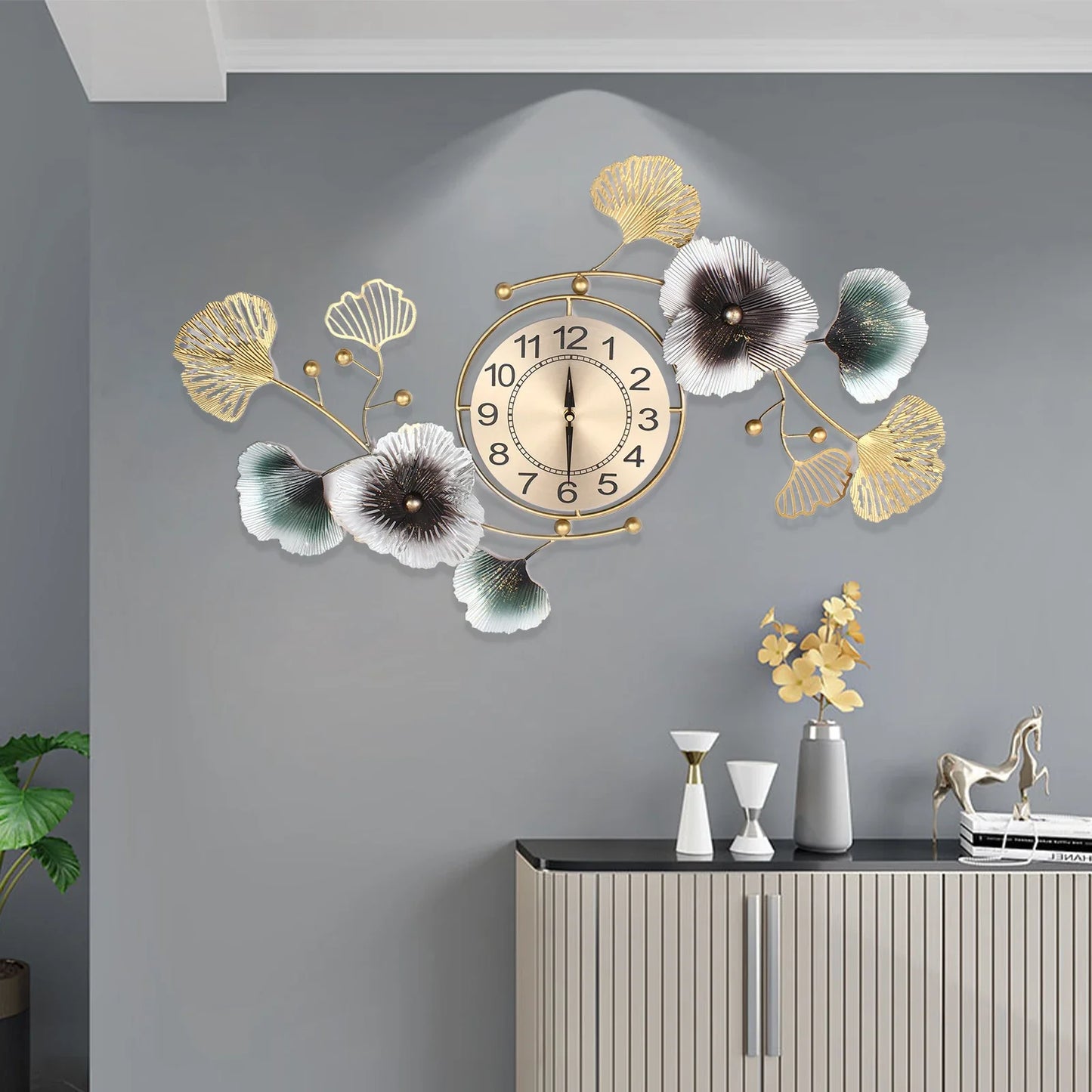 Ginkgo Leaf Metal Wall Clock 90x45cm Modern Quartz Movement