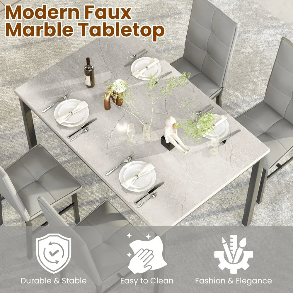 Modern Artificial Marble Dining Table With PU Leather Chairs Set