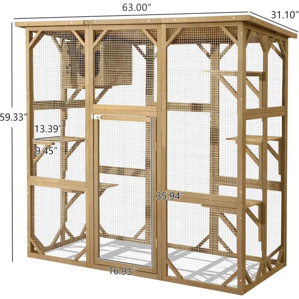 Large Wooden Catio Outdoor Cat Enclosure with 6 Platforms