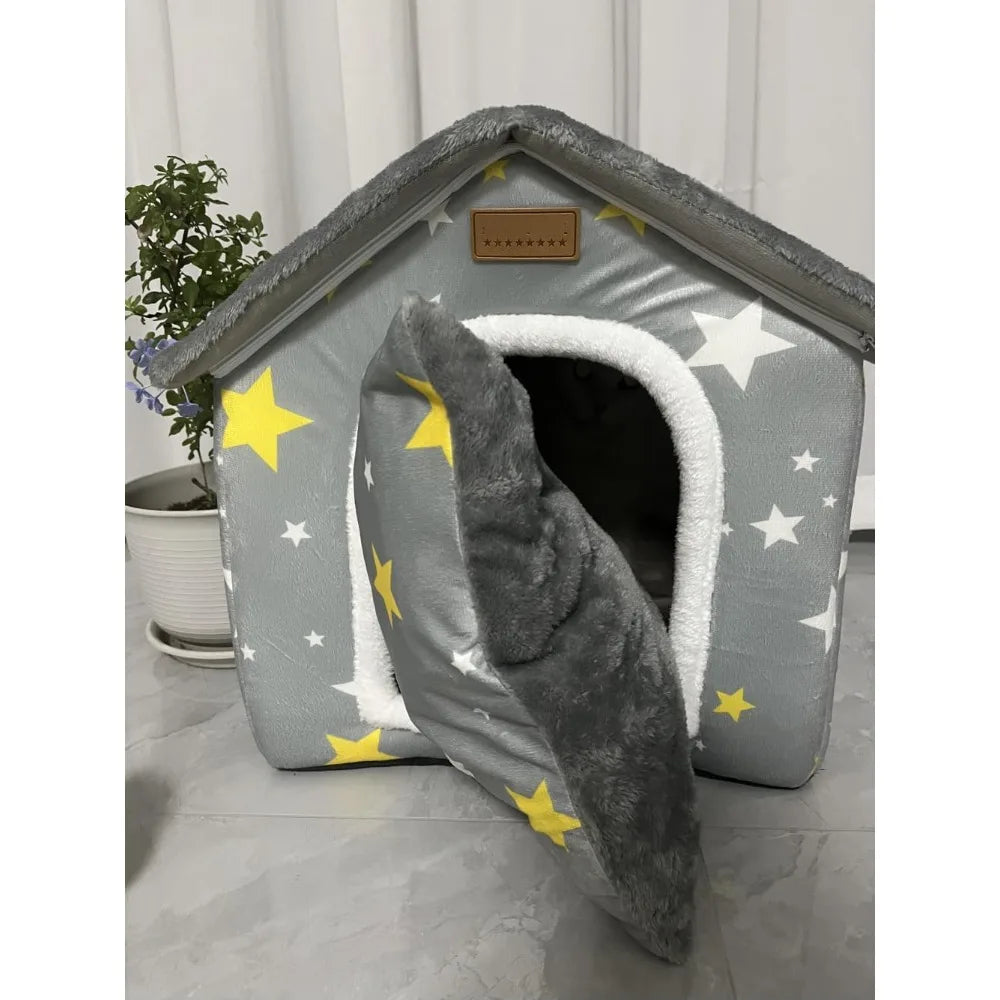 Foldable Dog House Bed With Warm Plush Nest And Cushion