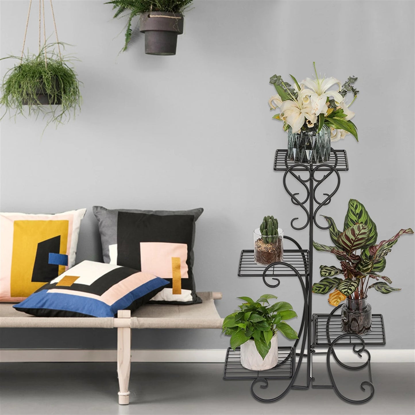 Black Metal Square Flower Shelves Plant Stand for Indoor Outdoor