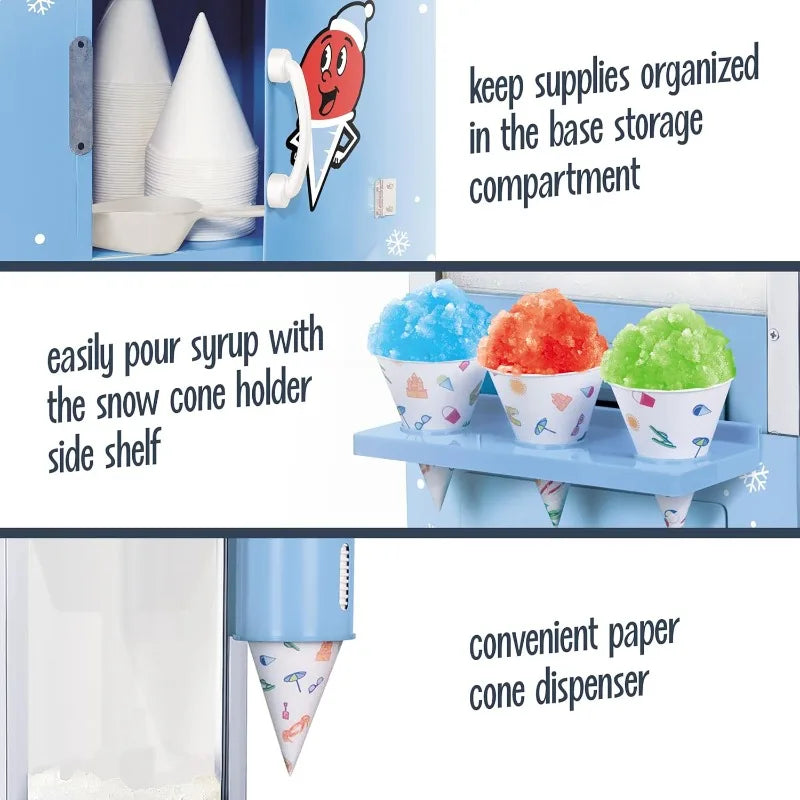 Cone Shaved Ice Machine - Retro Cart Slushie Machine Makes 72 Icy Treats - Includes Metal Scoop, 2 Syrup Bottles,