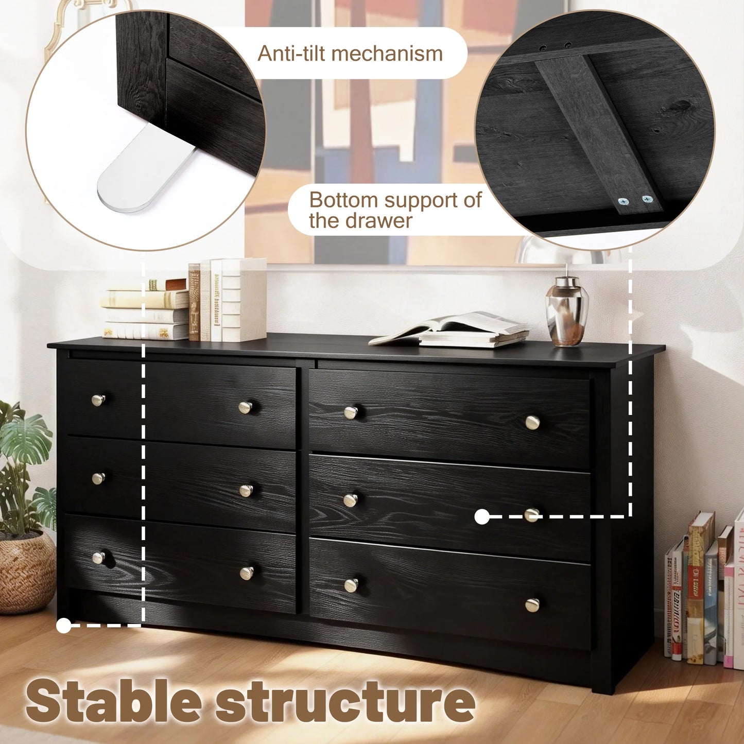 JHK Six Drawer Wood Dresser Cabinet For Living Room Storage