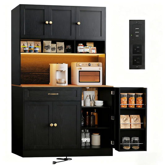 GUANGBAI Kitchen Pantry Cabinet With LED Lighting And Charging